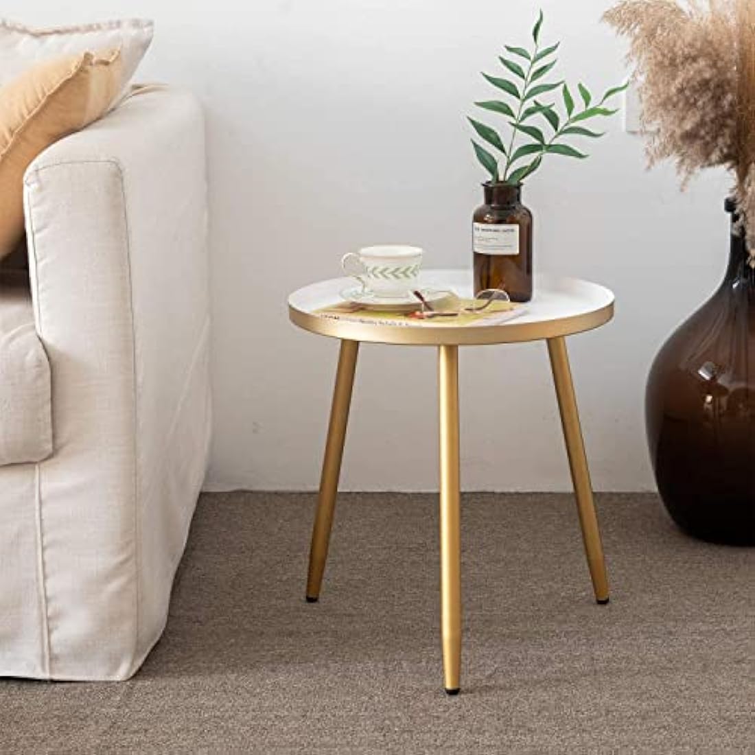 AOJEZOR Round Side Table, Metal End Table, Nightstand/Small Tables for Living Room, Accent Tables Cheap, Side Table for Small Spaces (White & Gold)