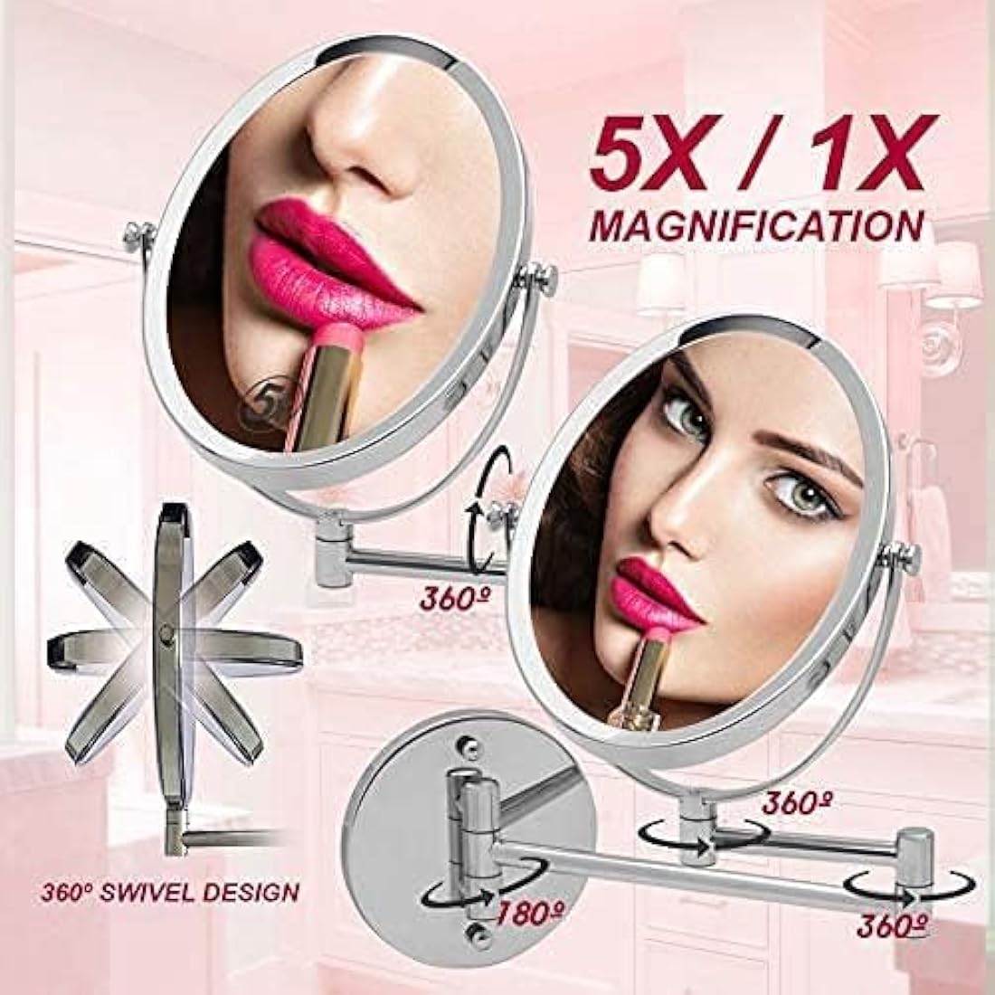 Extending Wall Mounted Bathroom Mirror for Shaving and Makeup - Double Sided 5X / 1X Magnification with 360° Rotation - 33cm Extendable Swivel Arm, Oval 17x22cm (Polished Chrome)