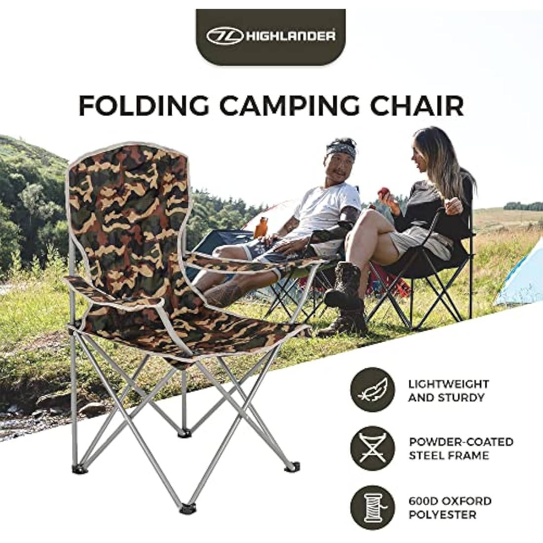 Highlander Camping Chair - Compact & Lightweight Folding Chair, 2.2kg, Portable Chair for Outdoors, Durable Steel Frame Arm Chair with Cup Holder