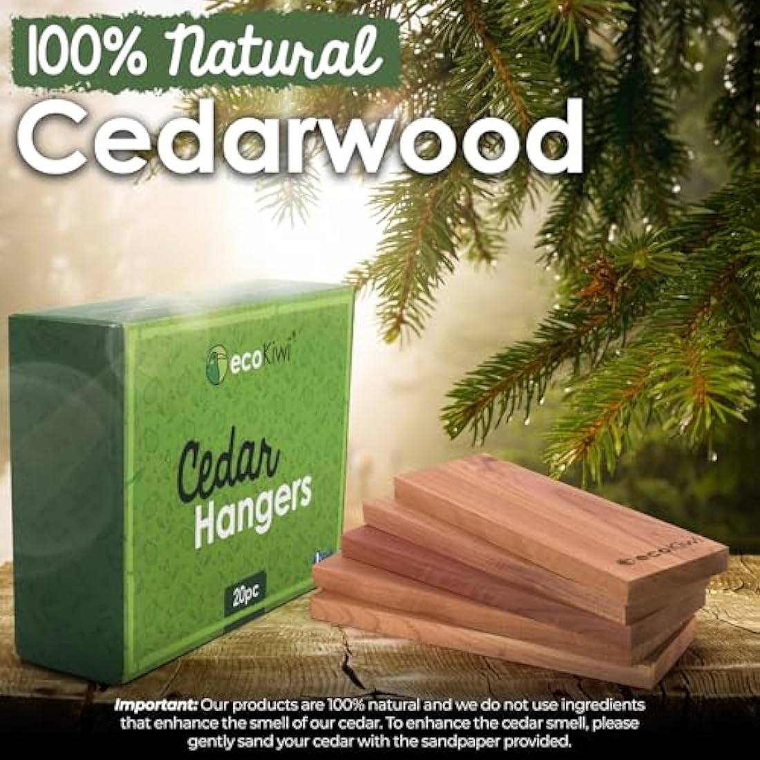 ecoKiwi Moth Repellent for Wardrobes & Clothes - 20 Pack Cedar Wood Hanging Blocks - Cedarwood Moth Repellent Wardrobe Freshener - 100% Natural Oil Storage Moth Repellent for Drawers with Sandpaper