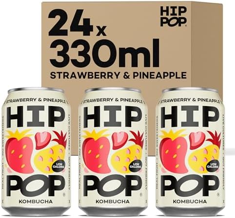 Hip Pop Kombucha, Strawberry & Pineapple, Low Calorie, 100% Natural, Vegan, Branding of Cans May Vary, 24 x 330 ml