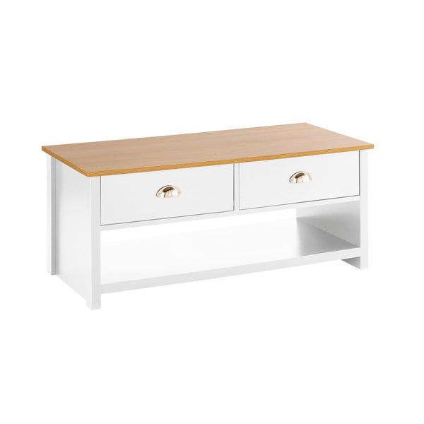 Home Source 2 Drawer Coffee Occasional Table, Oak Effect Top, White, 100cm