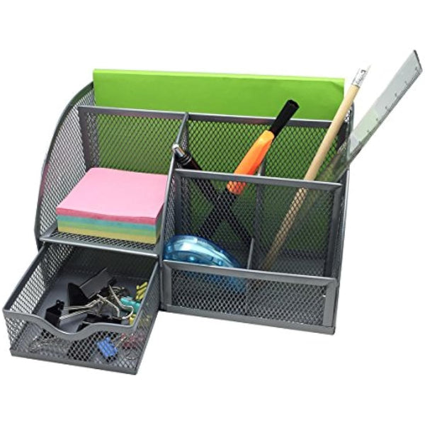 EXERZ Desk Organiser/Mesh Desk Tidy Caddy/Pen Holder/Multifunctional Organiser with 7 Compartments - Silver Grey Colour