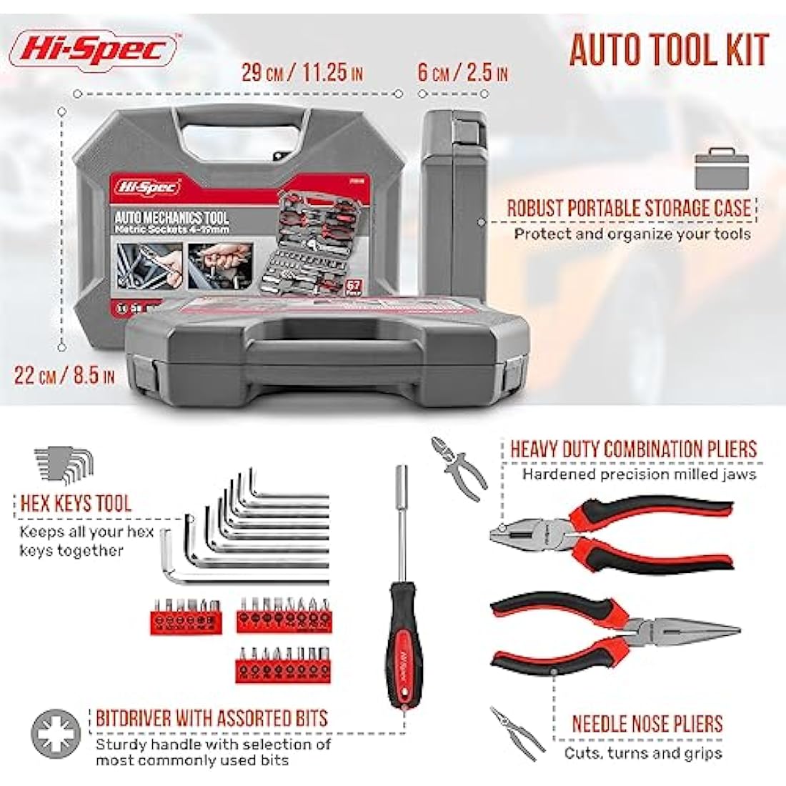 Hi-Spec 67pc Car Repair & Motor Mechanics Vehicle Tool Kit Set for Home Garage and Roadside DIY. Auto Tools in a Compact Toolbox Case of Pliers, Ratchet Wrench and Sockets