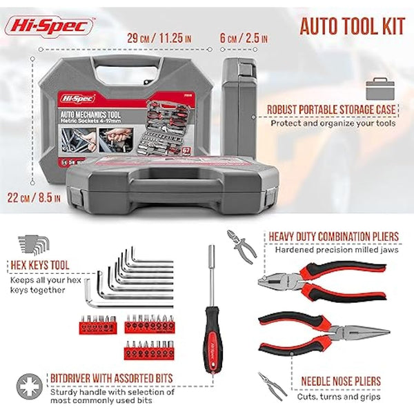 Hi-Spec 67pc Car Repair & Motor Mechanics Vehicle Tool Kit Set for Home Garage and Roadside DIY. Auto Tools in a Compact Toolbox Case of Pliers, Ratchet Wrench and Sockets