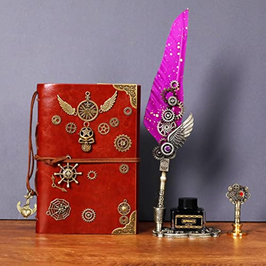 MPRINCE Quill Pen Ink Set, Quill Pen, Notebook, 5 Replaceable Nibs, Seal Stamp, Spoon, Wax Beads, White Wax, Ink, Pen Holder, Cup, Envelope, Letter Paper, Envelope Tool