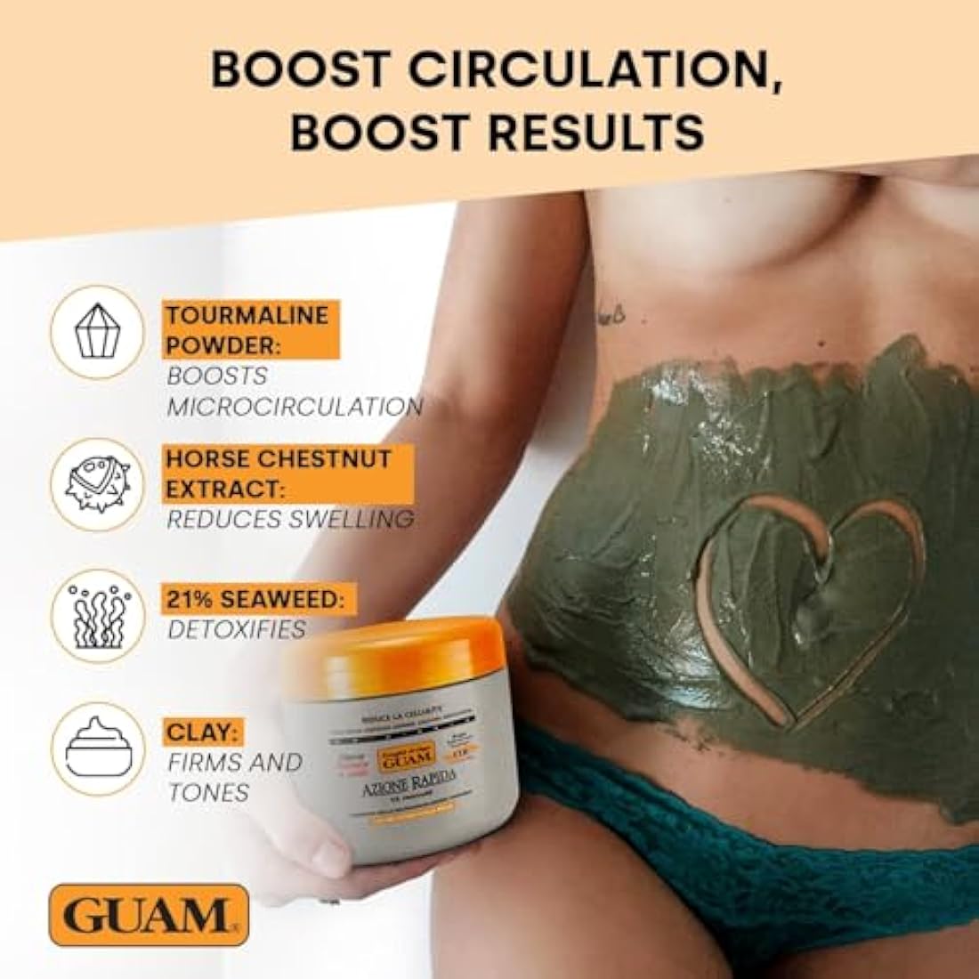 GUAM FIR Anti Cellulite Seaweed Hot Body Mud - 500g Warm Cellulite Remover for Flat Tummy & Waist - Belly Tightening Skin Firming Cream - 15Min Fast Formula to Boost Skin Microcirculation & Elasticity