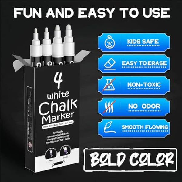 AOSUCO White Chalk Pens, Washable Liquid Chalk Pens for Blackboards, Window, Glass, Chalkboard, Jars, 4 Pack Chalk Markers (3mm & 6mm Reversible Tip) with 45 Labels, Wipeable Blackboard Pens