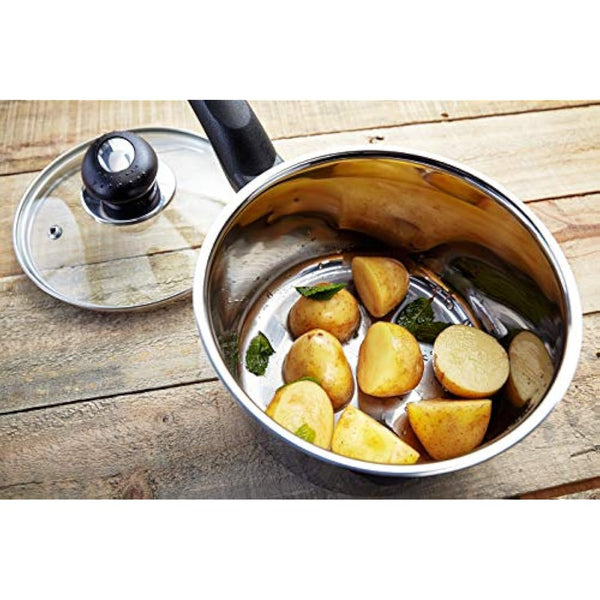 Judge Essentials Stainless Steel Set of Pans, 3-Piece Set, 16cm, 18cm & 20cm Saucepans, Vented Glass Lids, Induction Ready