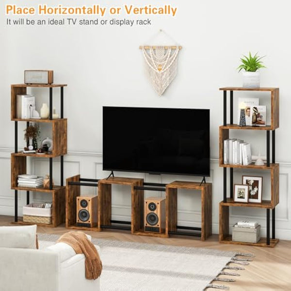 IBUYKE 5/6-Tier Tall Bookshelf,S-Shaped Geometric Bookcase, Wood Display Shelves With Storage,Industrial Bookshelf for Living Room Bedroom, Home Office, Rustic Brown WBC015H