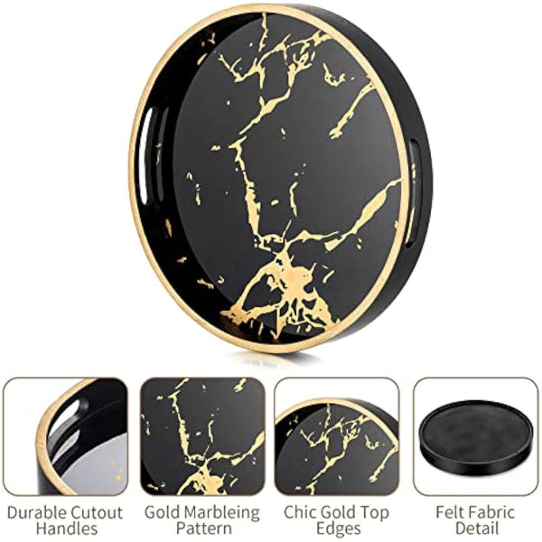 Hanobe Round Decorative Coffee Tray: Marble Pattern Serving Circle Tray with Handles Coffee Table Trays for Living Room Bar Drink Party Home Kitchen, Black