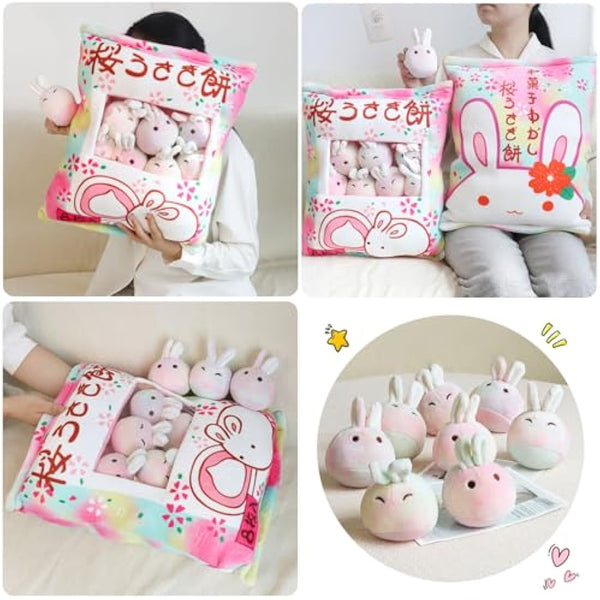 HXPLN Cute Snack Pillow Bunny Plush Pillow, Kawaii Rabbit Pudding Pillow with Bunny Dolls, Removable Stuffed Animal Toys Creative Gift for Kids, Girls, Boys (6 Colorful Bunnies)