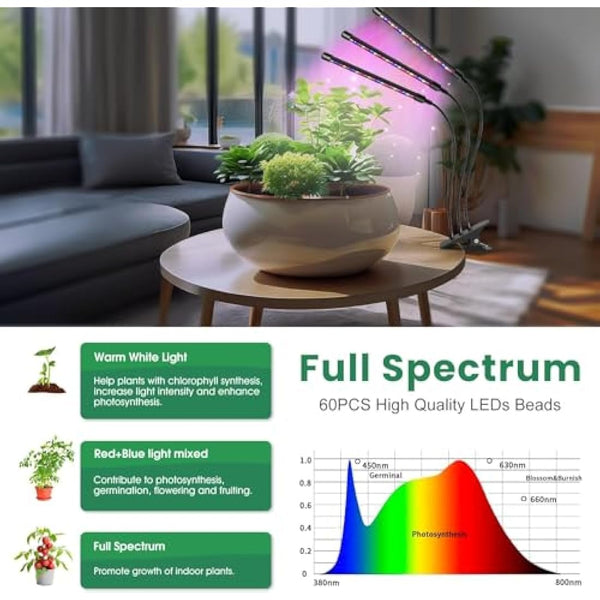 Garpsen Led Grow Light, 2PCS 3 Heads Full Spectrum Clip Plant Light for Indoor Plants, 120 LEDs Grow Lights, with 3 Switch Modes & Auto ON/Off 6/12/16H Timer, 5 Dimmable Levels (Red Blue Warm White)