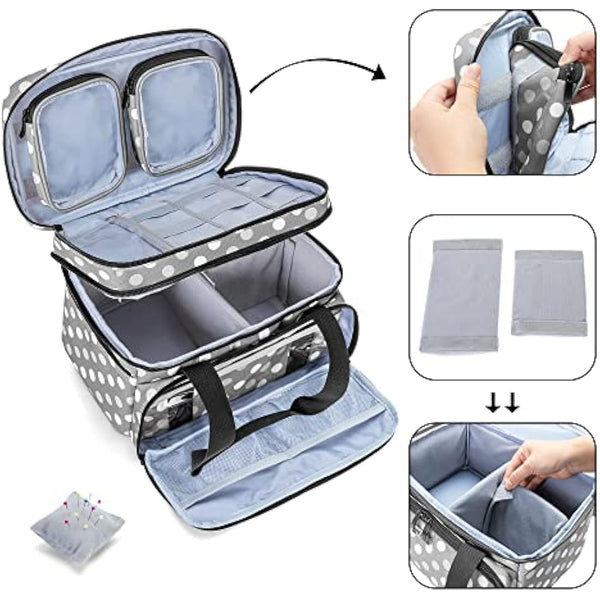 BAFASO Double Layer Sewing Accessories Organiser with 2 Detachable Pouches, Large Sewing Storage Bag for Sewing Tools, Polka Dots