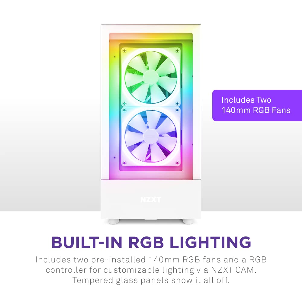 NZXT H5 Flow RGB - Compact ATX Mid-Tower PC Gaming Case - High Airflow - F360 RGB Core (CV) Included - 360mm Front & 240mm Top Radiator Support - Cable Management - Tempered Glass - White