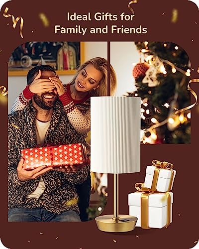 EDISHINE Bedside Lamps Set of 2, Touch Table Lamps with 2 USB Ports, Round Pleated Shade, 3 Way Dimmable Lamp for Bedroom, Living Room, Home Office, Gold (Bulb Included)