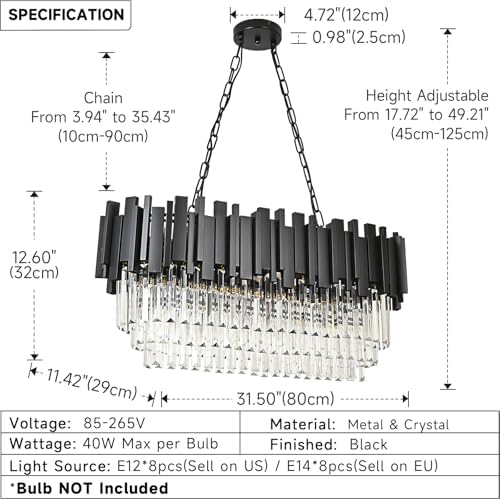 AOOCHOK Modern Crystal Chandelier Black Pendant Light Fixtures, Oval Crystal Pendant Lighting for Living Room, Dining Room, Bedroom, Restaurant, E14 x 8, 80 x 35 cm