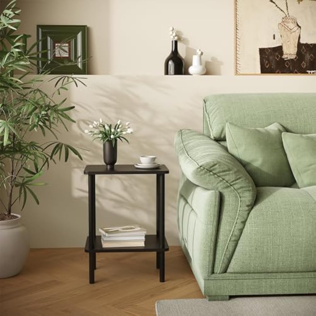 APICIZON 2 Tier Side Table, Narrow End Table with Storage Shelf, Bedside Table Nightstand for Small Spaces, Bedroom, Living Room, Entryway, Farmhouse, No-Tool Assembly, Black