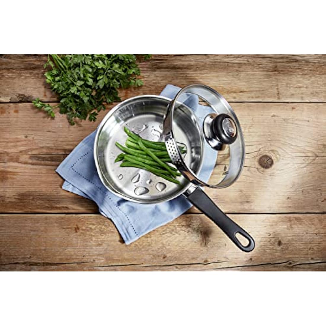 Judge Vista Draining Stainless Steel Medium Saucepan with Pouring Lip 14cm 1L, Shatterproof Glass Strain & Pour Lid, Induction Ready, Oven Safe