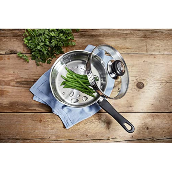 Judge Vista Draining Stainless Steel Medium Saucepan with Pouring Lip 14cm 1L, Shatterproof Glass Strain & Pour Lid, Induction Ready, Oven Safe