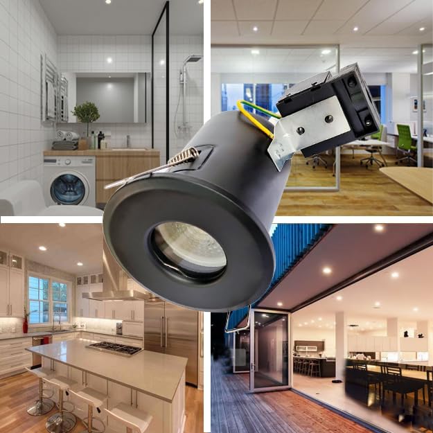 4XSweier 90 Minute Fire Rated LED Recessed Ceiling Light, Waterproof IP65 Spotlight, Die-Cast Aluminium (Bulb not Included) Black Recessed Spotlight, 230V GU10 Downlight