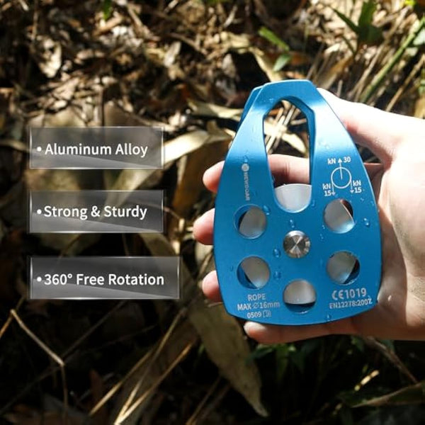 NewDoar 30KN Single/Double Pulley CE Certified Large Rescue Pulley for Diameter Max 16mm Rope Single/Double Sheave with Swing Plate for Rescue Hauling Arborist Tree Climbing