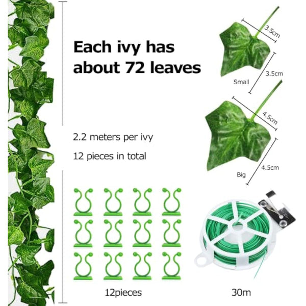 Ivy Artificial Garland Pack of 12 Green Fake Ivy Plants Ivy Vine for Garden Wedding Party Wall Decoration (2.2 m, with 12 Pieces Plant Clips, 30 m Cable Ties)