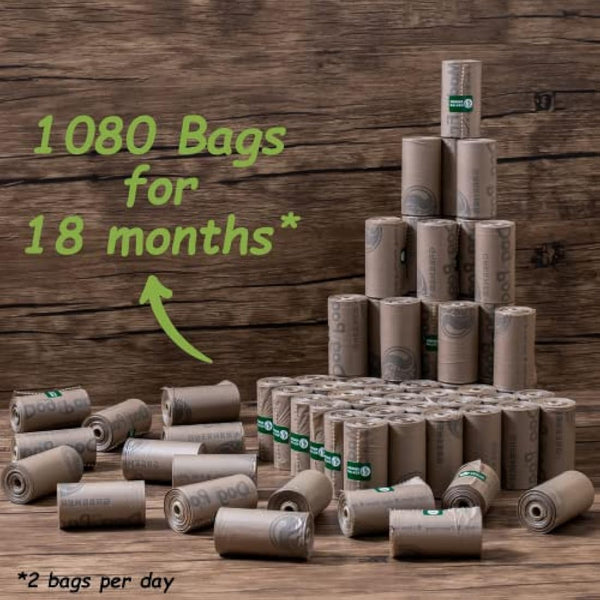 GREENER WALKER Poop Bags for Dog Waste 1080 Bags, Extra Thick Strong 100% Leak Proof Biodegradable Dog Waste Bags (Brown)