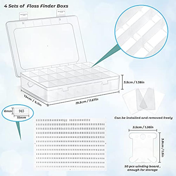 Queekay Embroidery Floss Organizer Box Set, Includes Compartments Cross Stitch Organizer Box, Plastic Floss Bobbins and 1790 Number Stickers for Thread Sewing, 4 Sets