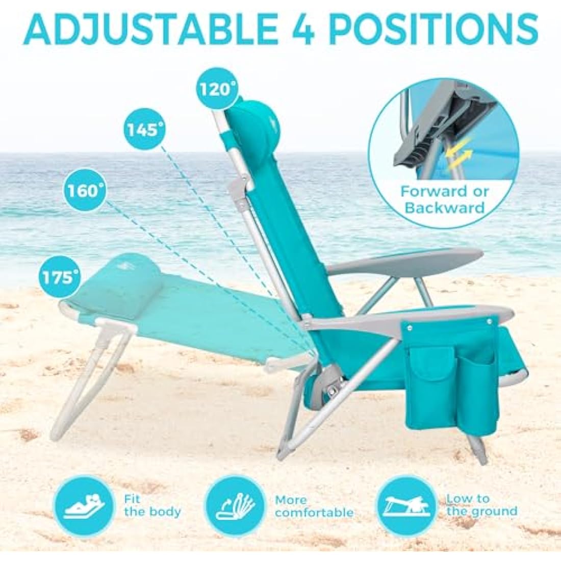 #WEJOY 4-Position Adjustable Beach Chair for Adults, Folding Low Camping Chairs Aluminum Lightweight & Portable, High Back Pillow Pocket Outdoor Reclining Garden Chair