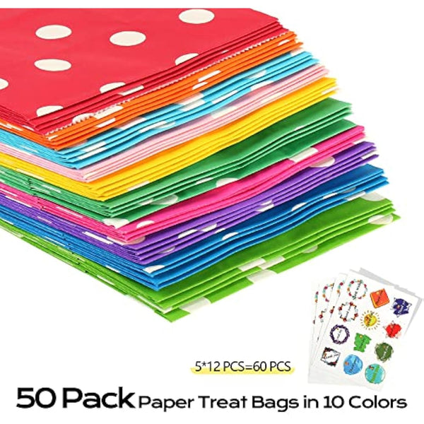 50 PCS Paper Party Bags for Kids, TOOELMON Dots Kraft Paper Gift Bags Candy Goodie Treat Bags with 60 PCS Stickers for Birthday, Picnic, Wedding Parties (130 * 80 * 240mm, Round Dot-50pcs)