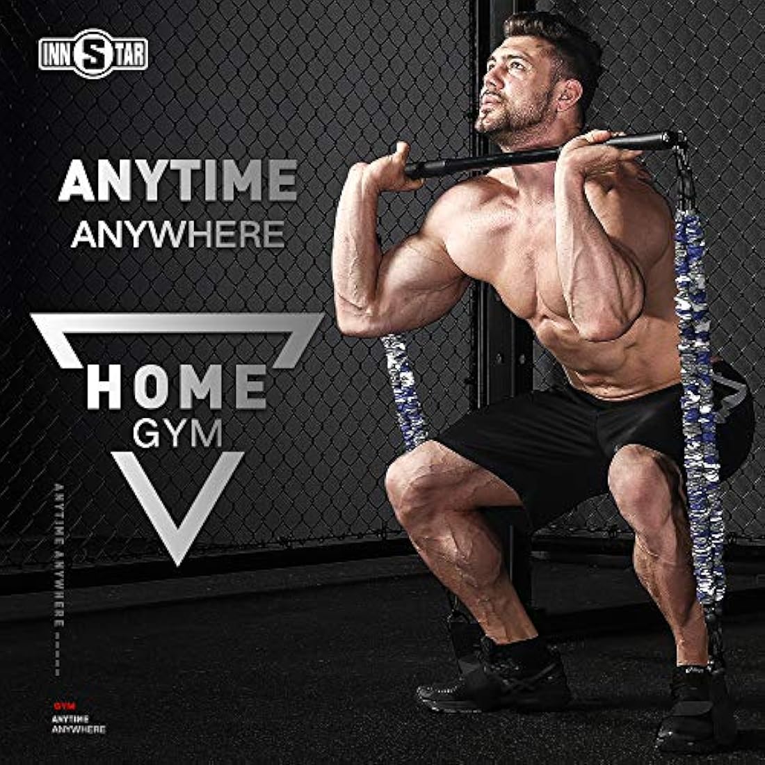 INNSTAR Portable Home Gym Set with Workout Bar, Bench Press Set, Squat Resistance Band, Door Anchor and More-Full Body Workout Equipment to Build Muscle and Shape Body