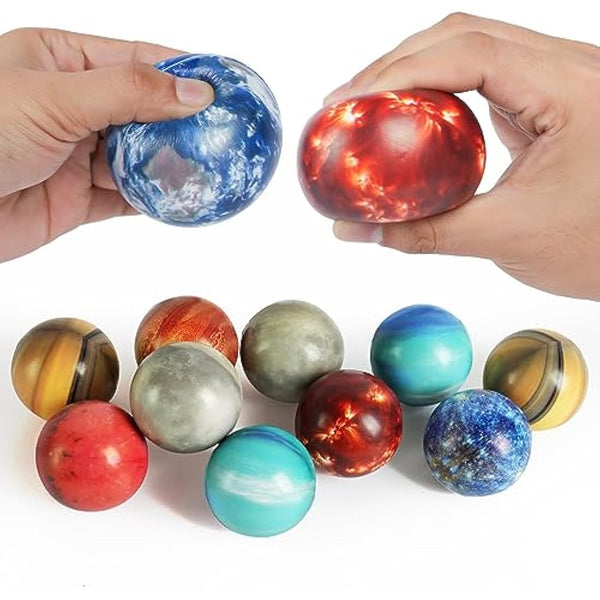 Ainiv Squeeze Stress Balls, 12pcs Stress Relief Ball, Sensory Stress Ball for Kids and Adults, Hand Exercise Stress Relief Balls, Squeeze Toys for Anxiety, Fidget, Tension, Manage Anger-Planet