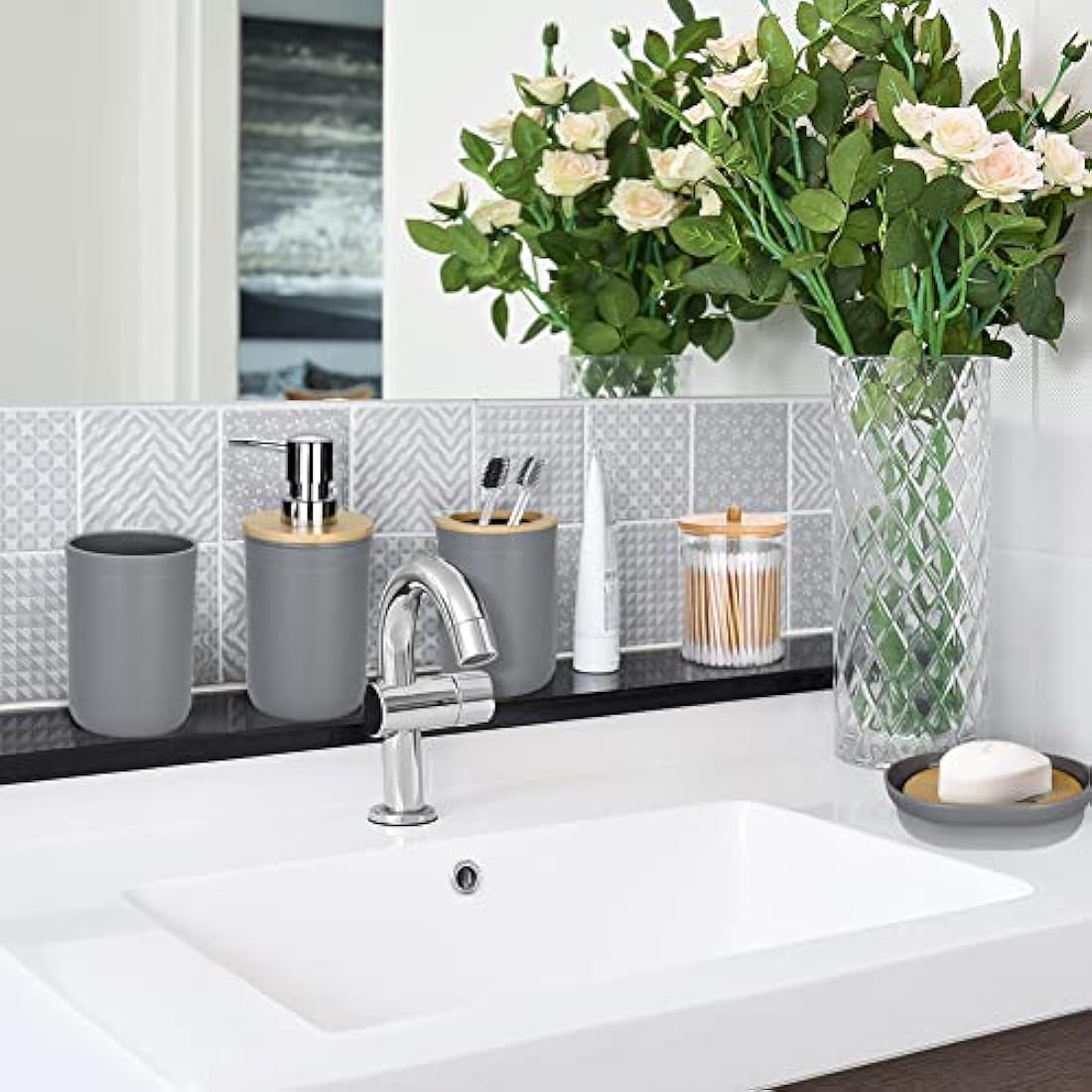 JOTOM 7 Pieces Bamboo Bathroom Accessories Bathroom Accessory Set Luxury Modern Plastic Bath Set Toothbrush Holder Tumbler Qtip Holder Toilet Brush Set Soap Dish Trash Can Soap Dispenser Gift (Grey)