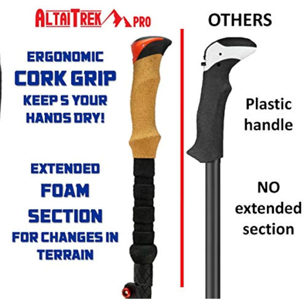 ALTAITREK PRO Telescopic carbon fiber trekking poles with quick locking system, ultralight for hiking, mountain, camping. Natural cork handle. Sticks. Baton. Pair