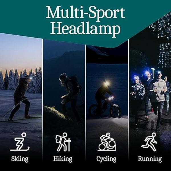 AENNON Rechargeable Head Torch (2 Pack) - 220 Lumens -, 30 Hour Battery - LED Waterproof Headlamp for Camping, Running, Hiking - 150m Vision Head Lights for Head