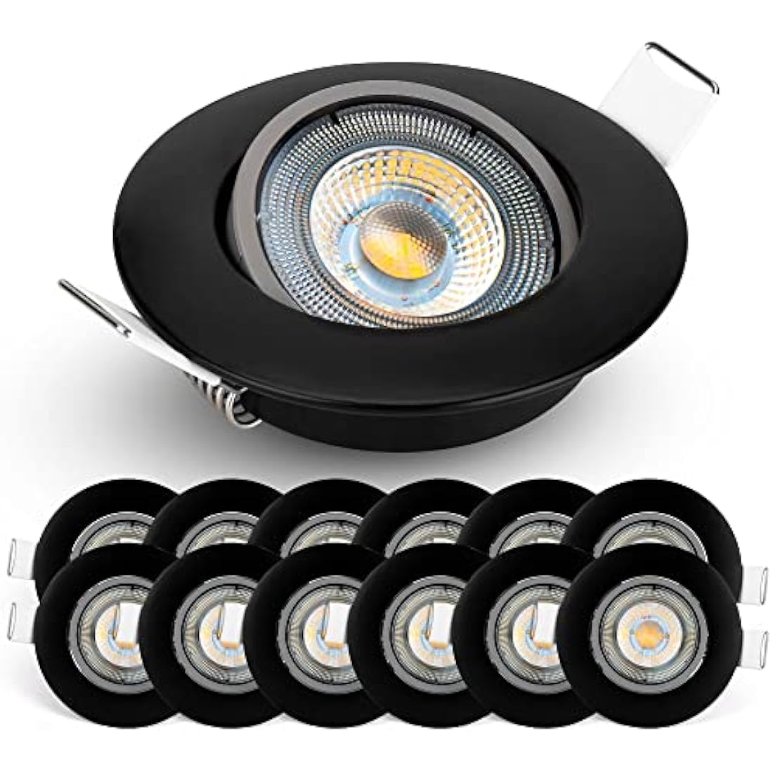 EMOS LED Spot Lights Ceiling Round 5W / 450lm, 6500K Cold White | 50° Tilt Swivel Recessed Ceiling Lights, Ultra Slim | Pack of 12 Recessed LED Downlights for Ceiling, Mains Powered, Black