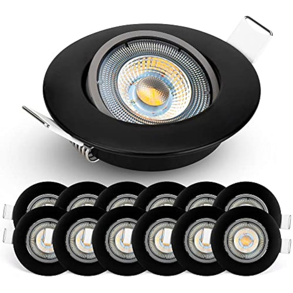 EMOS LED Spot Lights Ceiling Round 5W / 450lm, 6500K Cold White | 50° Tilt Swivel Recessed Ceiling Lights, Ultra Slim | Pack of 12 Recessed LED Downlights for Ceiling, Mains Powered, Black