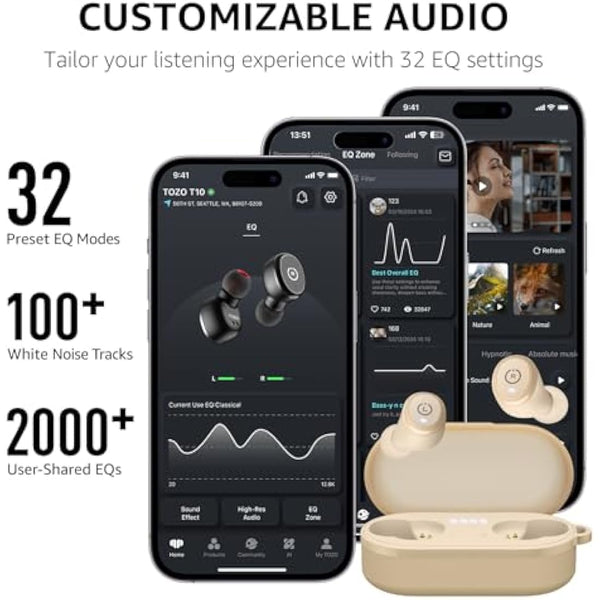 TOZO T10 Wireless Earbuds Bluetooth 5.3 Headphones, App Customize EQ, Ergonomic Desigh, 55H Playtime, Wireless Charging Case, IPX8 Waterproof Powerful Sound in-Ear Headset Khaki (New Upgraded)