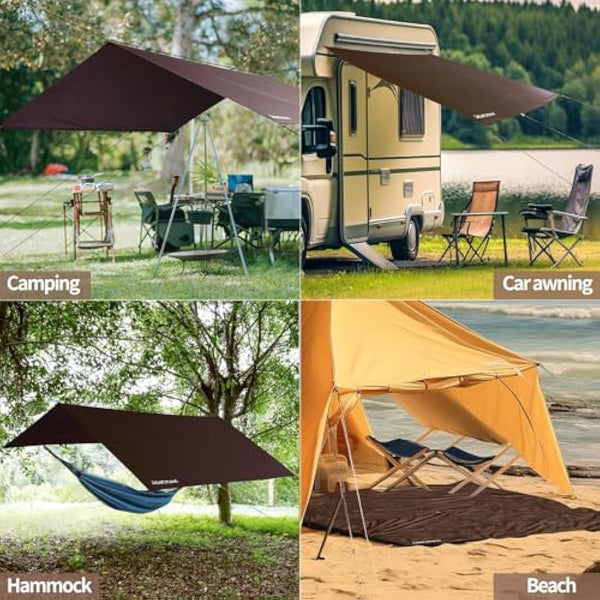 JAICOM Camping Tarp, 3x5m Waterproof PU3000mm, Anti-UV, Brown, Versatile with 11 Webbing Straps, Ideal for Camping, Picnic, Beach