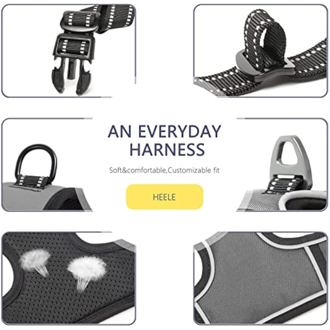 HEELE Dog Harness, No Pull Dog Harness Medium, Release on Neck, Reflective Adjustable Dog Harness with Front Back 2 Leash Attachments and Soft Padded Control Handle for Dogs Walking Training, Grey, M