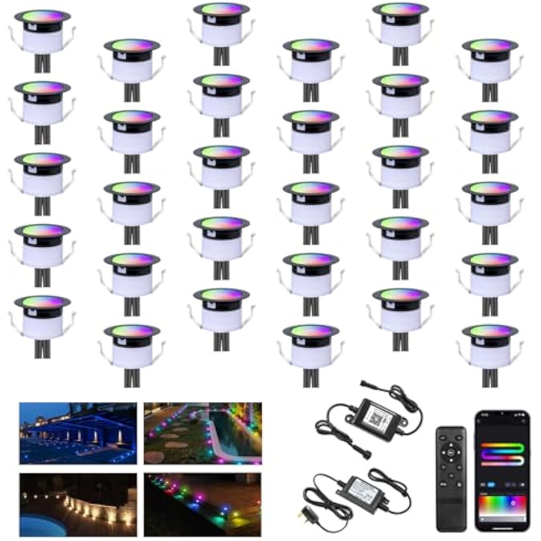 WiFi Smart LED Decking Lights RGB,Multicolor Chasing Effect Waterproof IP67 Decking Patio Lamps Ø31MM DC12V 0.6W Work with Alexa/Google Home Recessed Lights for Yard,Garden,Patio,Stair Decor-30 Pack