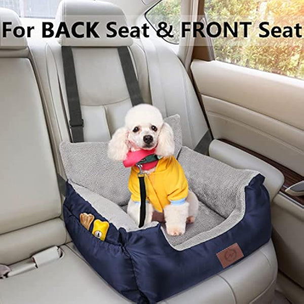 GoFirst Dog or Cat Booster Seat - Travel Car Bed with Storage Pocket, Clip-On Safety Leash, Waterproof Warm Plush, Navy Blue