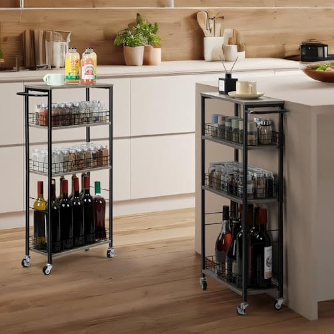 4 Tier Kitchen Storage Cart Slim Rolling Cart on Wheels Mobile Vegetable Rack with Wooden Tabletop Slide Out Utility with Handle for Living Room Laundry Pantry (Grey)