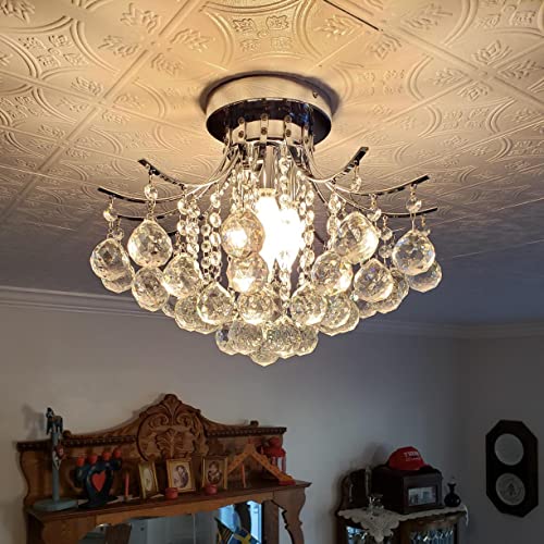 Dst Crystal Chandelier Ceiling Light, Modern Mini Flush Mount LED Chandelier Lights Chrome Pendant Lighting Fixture for Living Room, Dining Room,