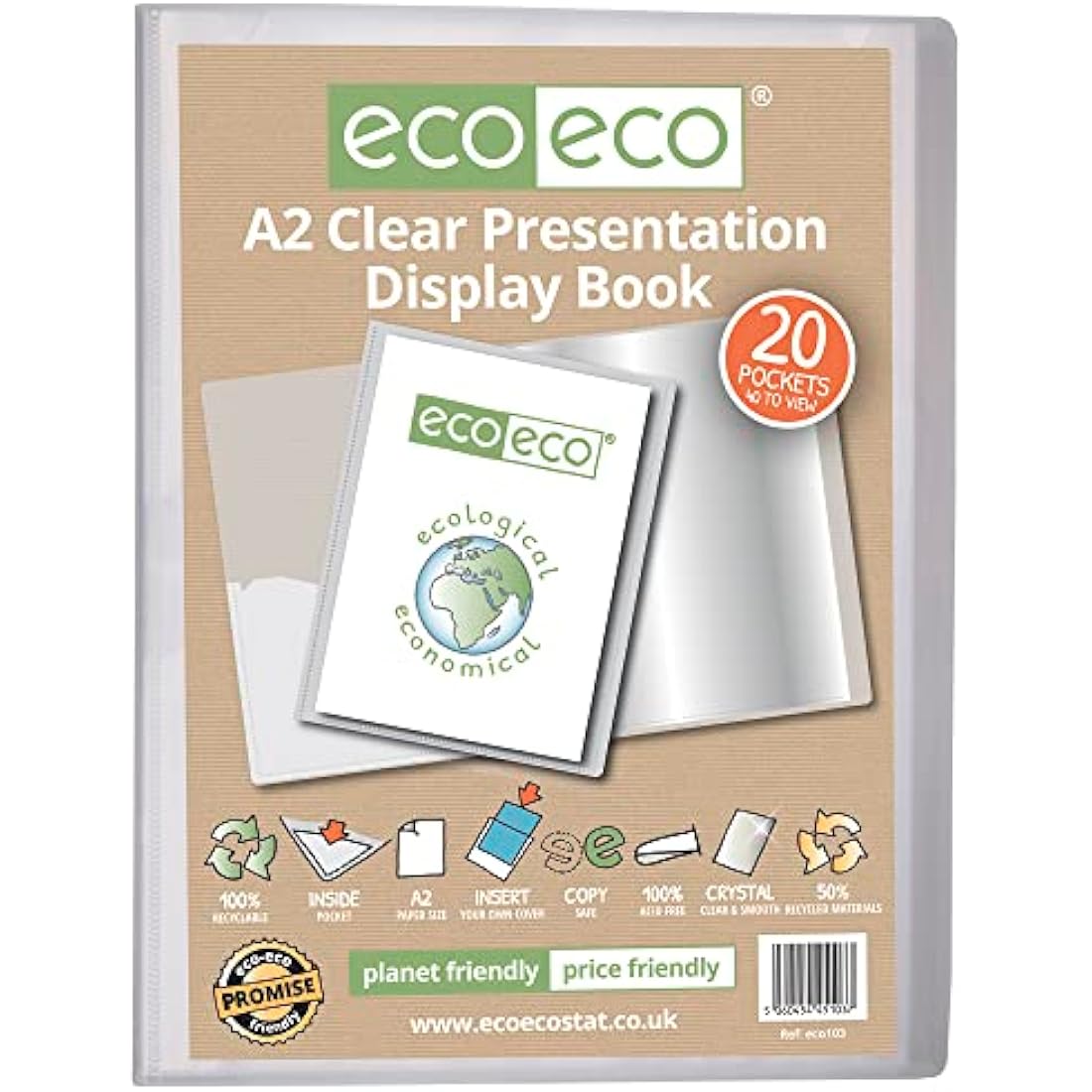eco-eco A2 Size 50% Recycled 20 Pocket Clear Presentation Display Book, Storage Case Portfolio Art Folder with Plastic Sleeves, eco103