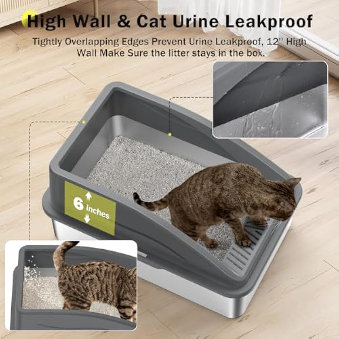 FURTIME Stainless Steel Cat Litter Tray Grey with Detachable Enclosure, 31cm High Sided Cat Litter Box Anti-Spillage and 60cm Extra Large Litter Tray with Lid for All Cats, with Litter Scoop & Mat