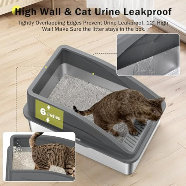FURTIME Stainless Steel Cat Litter Tray Grey with Detachable Enclosure, 31cm High Sided Cat Litter Box Anti-Spillage and 60cm Extra Large Litter Tray with Lid for All Cats, with Litter Scoop & Mat