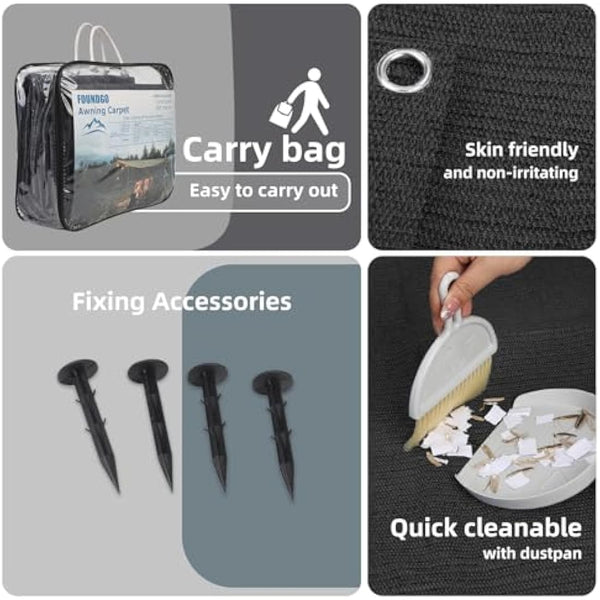 FoundGo Awning Carpet with Eyelets, 280g/m² HDPE Camping Carpet，Outdoor Awning Floor with Carrying Bag，Ground Nails and Small Broom