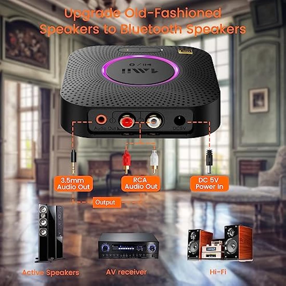 1Mii B06S+ LDAC Bluetooth 5.2 Receiver for Home Stereo Hi-Res Music Streaming, Hi-Fi Wireless Audio Adapter w/aptX HD Low Latency, Long Range Bluetooth Audio Receiver Volume Control, RCA/3.5mm Outputs